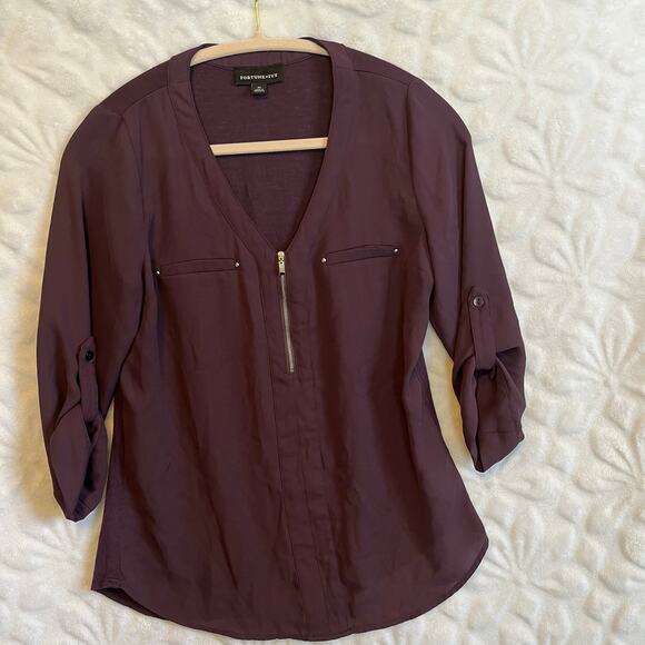 Fortune + Ivy purple top v-neck with 2 front pockets front zipper sz XS - Picture 1 of 5